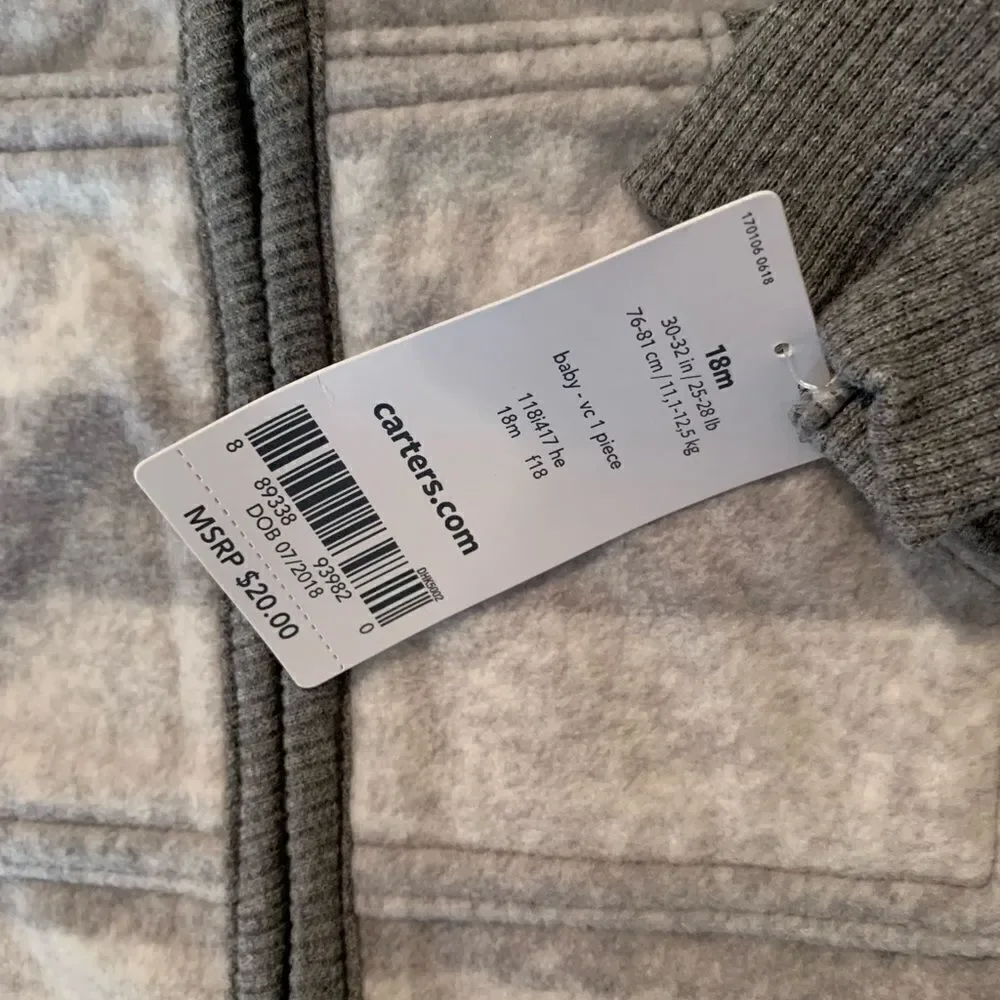 NWT New CARTERS GARANIMALS Set Fleece Gray White Stripe Coverall & Tee Shirt 18m